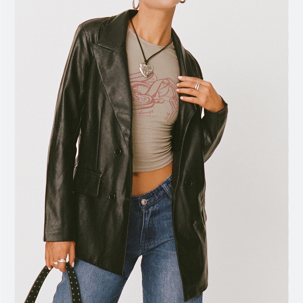 Princess Polly Ellen Black Faux Leather Blazer Jacket Size Medium Large
